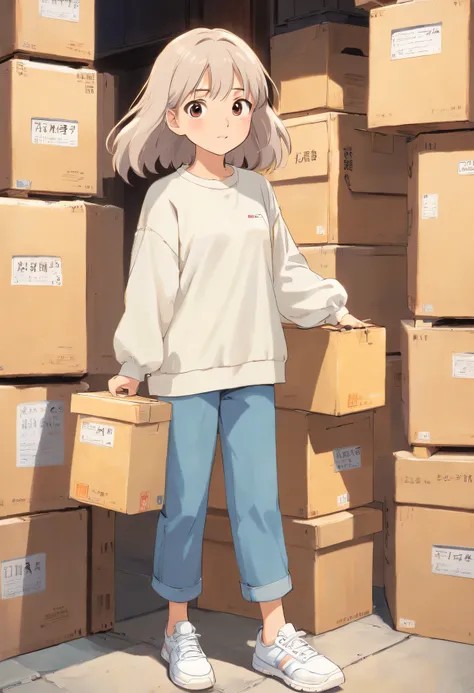 Girls with delicate facial features wear long-sleeved light-colored long-sleeved clothes, denim pant, and white sneakers. girl holding a big box，Move the box sideways