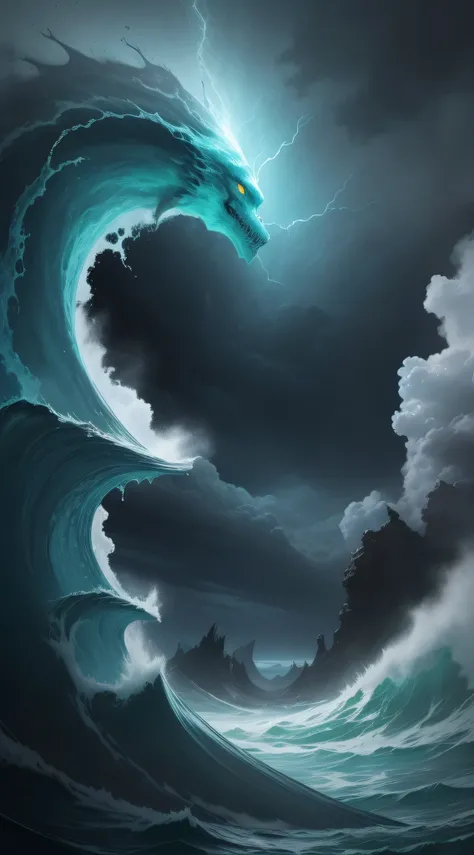 Ocean storm with large waves with a sea monster hidden underneath the surface, green glowing eyes. nighttime with blue lightning across the sky.