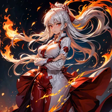 (fujiwara no mokou), burning background, flames, burnt clothes, night sky, engulfed in flames, latex clothing, large breasts, perfect body, tight clothes, correct anatomy, hair ribbon, arms crossed, boobs pressed