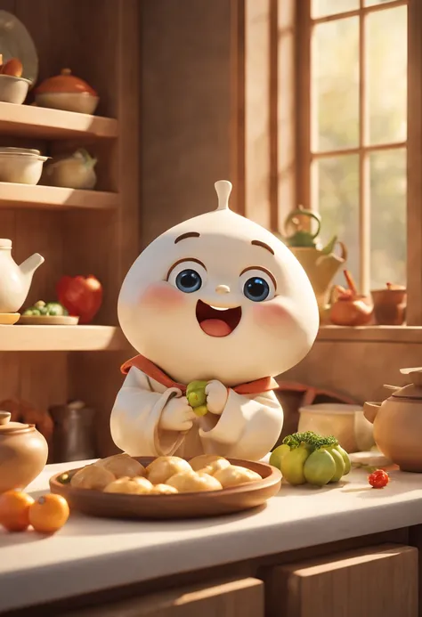 (Best quality, 3D, ultra fine, physics based rendering) In the kitchen, A cute anthropomorphic dumpling is depicted in Pixar style, rich and colorful, vivid expressions, mischievous and friendly personality, delicate and realistic textures, dynamic and cha...