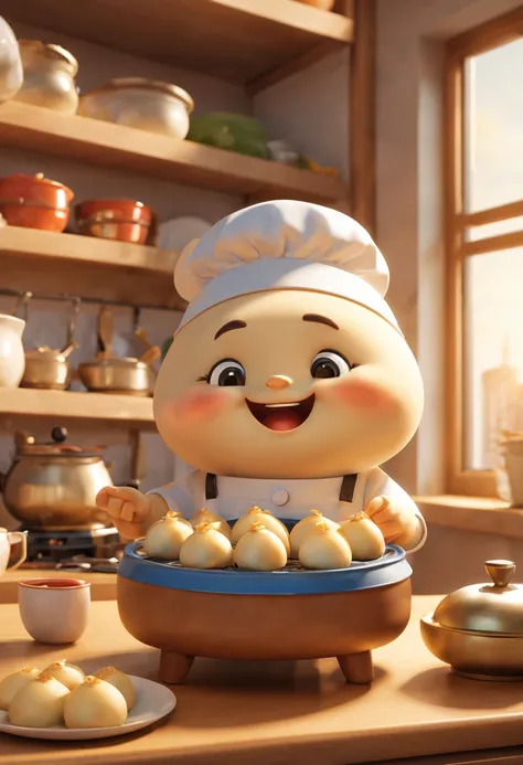 (Best quality, 3D, ultra fine, physics based rendering) In the kitchen, A cute anthropomorphic dumpling is depicted in Pixar style, rich and colorful, vivid expressions, mischievous and friendly personality, delicate and realistic textures, dynamic and cha...