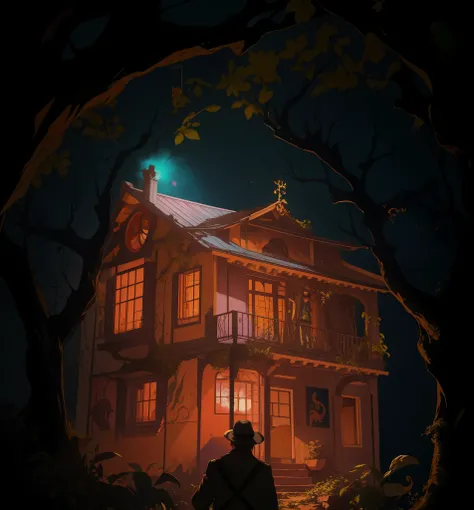 ((quality, Wallpapers, image quality, 8K)),The content is very detailed， ((nice images)), (((colorful illustrations, filmposter:1.3))), Abandoned two-story villa，Two-story villa wrapped with vines，古老而mistic，A man in a trench coat walked towards the villa，t...