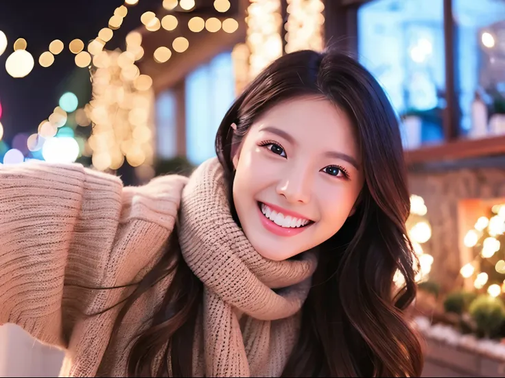 Self Whitening Salon、Instagram Posts、Impressive white teeth、lovely smile、beautiful japanese female、neat atmosphere、bustup、winter outfit、Bright background、Christmas Lights