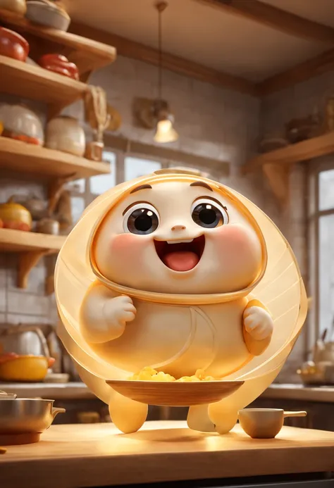 (Best quality, 3D, ultra fine, physics based rendering) In the kitchen, A cute anthropomorphic dumpling is depicted in Pixar style, rich and colorful, vivid expressions, mischievous and friendly personality, delicate and realistic textures, dynamic and cha...