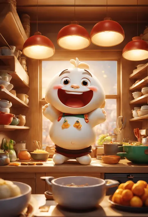 (Best quality, 3D, ultra fine, physics based rendering) In the kitchen, A cute dumpling is depicted in Pixar style, rich and colorful, vivid expressions, mischievous and friendly personality, delicate and realistic textures, dynamic and charming postures, ...