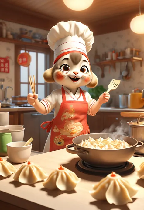 by Richard Scarry, 1girl, cooking, Crescent Dumplings, steamed gyoza, Chinese wontons, octane render, enhance, intricate, (masterpiece, Representative work, official art, Professional, unity 8k wallpaper:1.3)