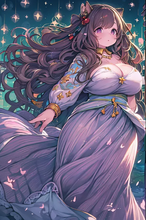 Detailed background, masutepiece, Best Quality, 1 person , Curly hair, Long hair, Purple eyes, Stars in the eyes , Strapless blouse, long  skirt、huge-breasted,bbw