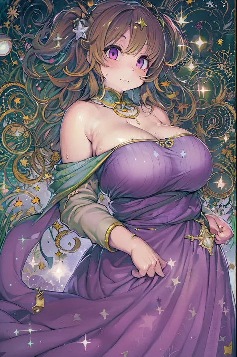 Detailed background, masutepiece, Best Quality, 1 person , Curly hair, Long hair, Purple eyes, Stars in the eyes , Strapless blouse, long  skirt、huge-breasted,bbw