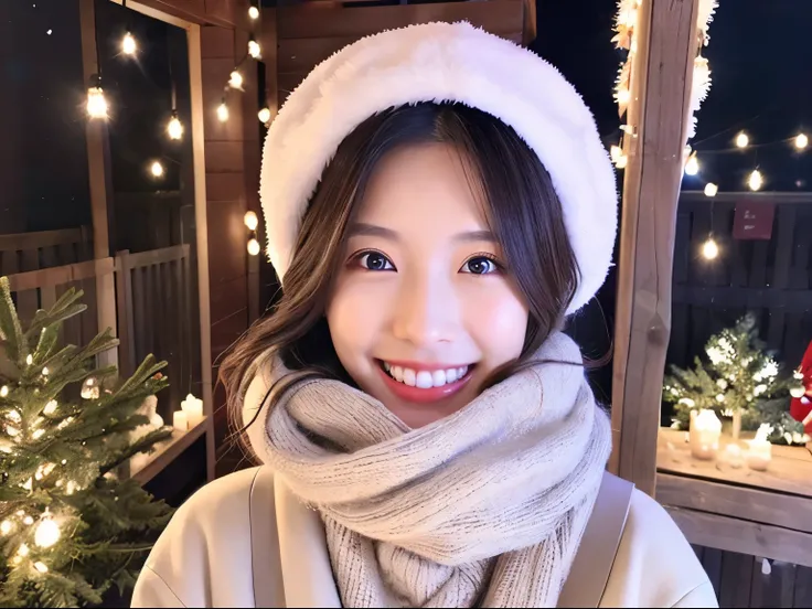 Self Whitening Salon、Instagram Posts、Impressive white teeth、lovely smile、beautiful japanese female、Natural atmosphere、unclear、bustup、winter outfit、Bright background、Christmas Lights