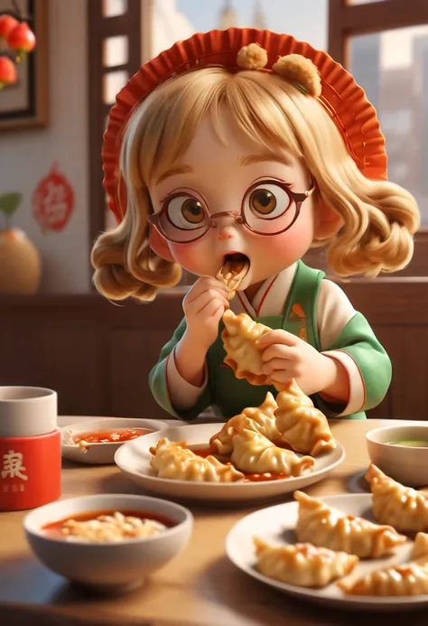 by Richard Scarry, 1girl, eating, Crescent Dumplings, gyoza, Chinese wontons, octane render, enhance, intricate, (masterpiece, Representative work, official art, Professional, unity 8k wallpaper:1.3)