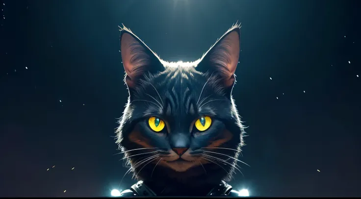 (hightquality、8K、Ulutra HD,interstellar scratch)、Front view of a slightly creepy cat-shaped robot head、Perfect build、iconic design、 modeling、Glowing eyes、A crescent-shaped smiling mouth that splits all the way to the ears...、Digital Painting、concept-art、th...