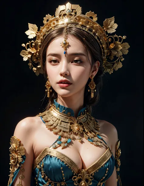 Close-up of a woman wearing a blue dress and a gold crown., a beautiful fantasy empress, wearing an ornate outfit, portrait of a beautiful goddess, ((a beautiful fantasy empress)), Luxury headpiece, Pretty woman, a stunning portrait of a goddess, (Realisti...