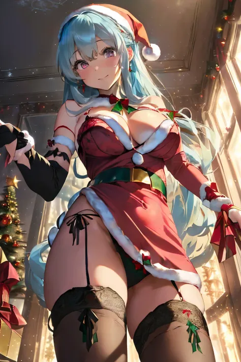 (Light blue hair),(Long),(hair with loose curls:1.3),(With bangs),(Light pink eyes:1.25),Slight red tide,(Christmas ornament motif accessories),(Santa costume style dress:1.5),(garterbelts),(black lace stockings:1.5),(black lace type arm warmers:1.5),(The ...