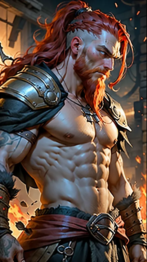 red hair man, skin scars, viking, viking clothing, strong, Muscular, serious look, RPG art style, fantasy art style