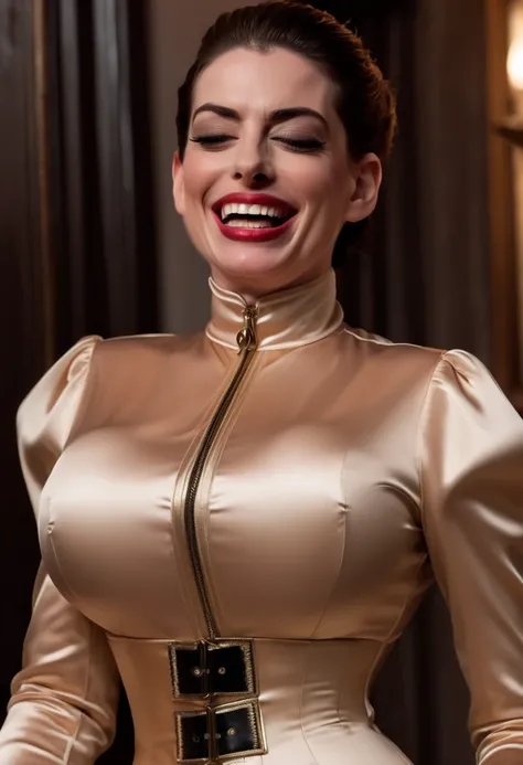 closeup shot, (angry evil dominatrix anne hathaway showing her closed teeth in anger with flared nostrils and furrowed brows and frowning and wide open eyes:1.3) in a (closed satin skintight beige silk buttoned mandarin collar catsuit with large shoulder-p...