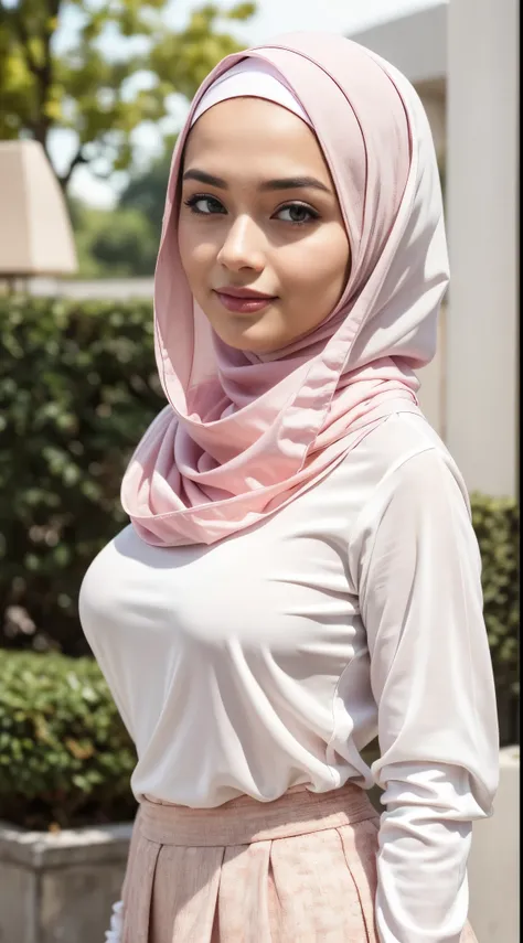 ( Close Up),RAW, Best quality, high resolution, masterpiece: 1.3), beautiful Malay woman in hijab,Masterpiece, perfect fit body, big breast,big gorgeous eyes, Soft smile,thick thighs, woman in a pink skirt and white shirt posing for a picture, white hijab,...