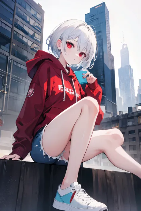 1girl, short white hair,red eyes,wearing black hoodie,denim shorts,city,absurder, high res, ultrasharp 8k, masterpiece, looking at the viewer