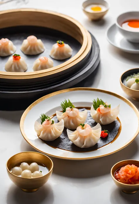 (Best quality at best,A high resolution:1.2,hyper HD),Michelin-starred dumplings,Transparent shrimp dumplings,caviar,luxurious display,Traditional Chinese cuisine,Detailed ingredients,Elaborate dishes,Delicate taste,Gastronomic experience,A harmonious blen...