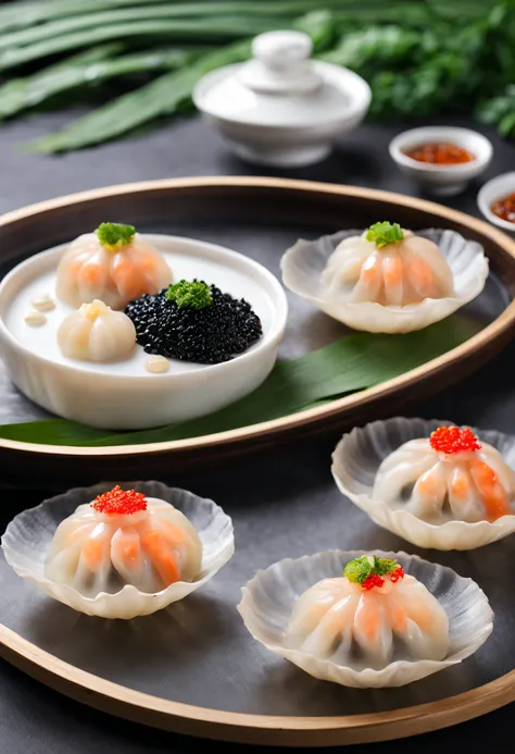 Produced by Michelin,Chinese traditional dumplings,Transparent shrimp dumplings,caviar,High-end presentation,