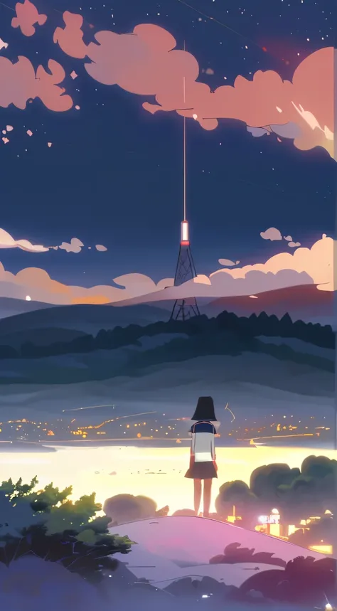 13 years old girl, stand back for her back, she wearing sailor uniform, she has a short black hair, look a large red network tower wiht the transmitter in distance, while the tower among forest. The time is night with a lot os stars.