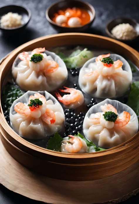 Produced by Michelin,Chinese traditional dumplings,Transparent shrimp dumplings,caviar,High-end presentation,award winning photography,largeaperture,The warm,