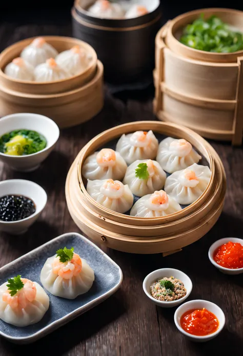 Produced by Michelin,Chinese traditional dumplings,Transparent shrimp dumplings,Its hot. caviar,High-end presentation,award winning photography,largeaperture,The warm,