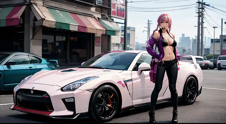 Full body shot, female asian Irina Shidou pink hair twintails green eyes, standing next to a Nissan GT-R in a cyberpunk city, wearing bikini and a bomber jacket and , standing next to a purple Nissan GT-R, side shot, back shot, shot from backside, behind s...