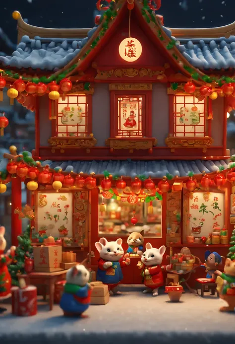 by Richard Scarry, family, home, Crescent Dumplings, Chinese wontons, Christmas Decorations, octane render, enhance, intricate, (masterpiece, Representative work, official art, Professional, unity 8k wallpaper:1.3)