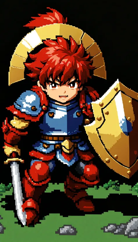 (pixelart:1.3), The brave，a shield，Hiryu，火焰