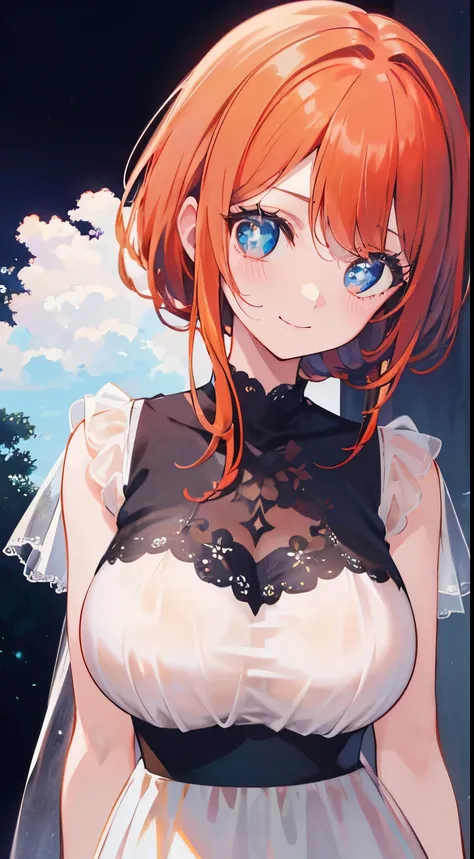 18 year old beautiful girl, blue big eyes,  Petite and slender、slightly large breast, ((scarlet orange hair,)),(Loose fluffy short braided hair), in 8K, of the highest quality, (Highly detailed head: 1.0), (Very detailed face: 1.0), (very detail hair: 1.0)...