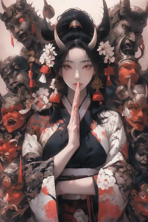 (tmasterpiece:1.2), Best quality at best,pixiv,
brunette color hair, Japanese clothes, 碎florals, 1个Giant Breast Girl, hair adornments, horn, sitted, looking at viewert, florals, komono, eBlue eyes, hair florals, 耳Nipple Ring, long whitr hair, haori, jewely...