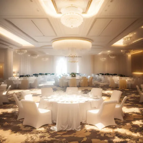 arafed room with large banquet table and chairs and chandelier, ballroom, simple luxurious plaster ceiling, futuristic ballroom. big eyes, charming scenery, luxurious environment, grand hall, majestic masterpiece, wide open room, magnificent design, exquis...