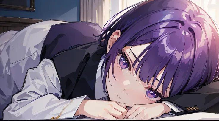 (tmasterpiece，4k wallpaper，best qualtiy))、((girl with１a person))、(独奏)、Brilliant，(Purple hair)、short-cut、deadpan、close up of face、suits、（natta:1.3)、on the beds、murky、bedroom