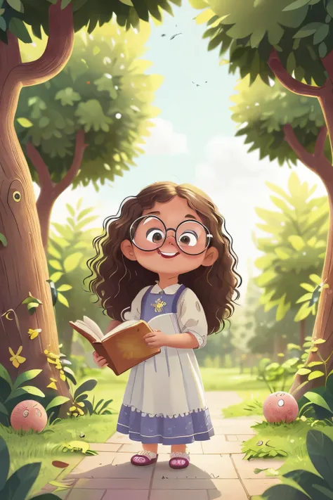 A little girl, curly hair, round face, big eyes, long hair, wearing glasses, long white dress, smiling, moody, holding a book, walking in a beautiful park, with fruit trees