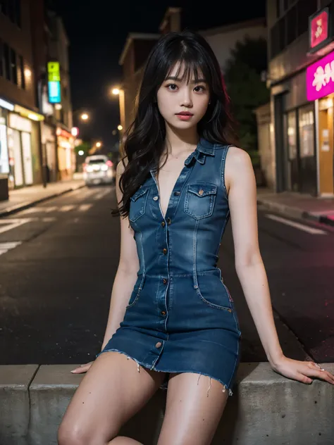 raw photo, 8k, (top-quality), Realistic, (real picture, Intricate details), (natural skin texture, detailed skin, hyper realism, sharpness), (Japanese female college student sitting on the stairs in a dirty back alley at night, graffitied wall:1.3, armpit ...