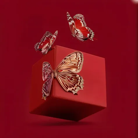 Three metal butterflies fly out of the red box, fundo vermelho上, fundo vermelho, sha xi, red magic, red magic surrounds her, Depicted as a 3D rendering, Rich texture ), 2 0 1 9, 2019, 2018, 2 0 1 8, Wang E, author：Marie Bashkirtsev