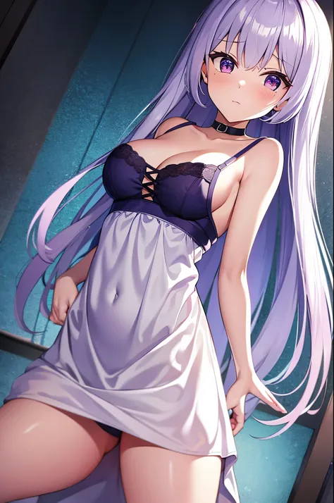 masterpiece, high quality,1girl,white long hair, purple Nightdress, Areola_slip, bandaid