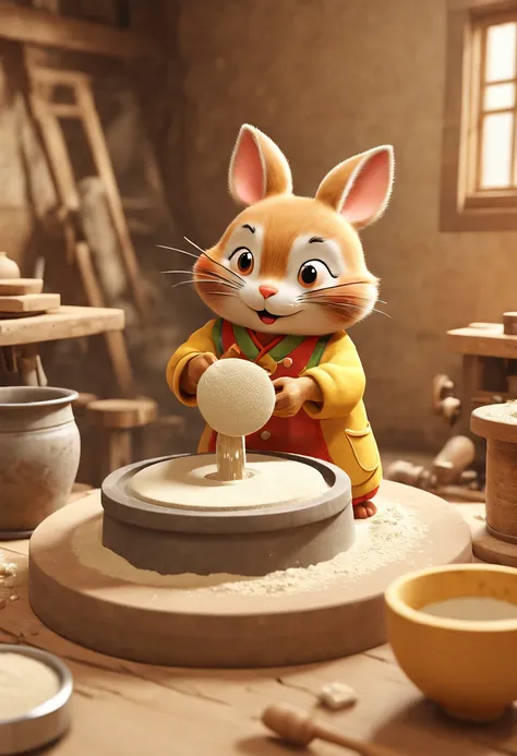 by Richard Scarry, Grinding flour on a grinding disc in a mill, grinding disc, rural area, Chinese, octane render, enhance, intricate, (masterpiece, Representative work, official art, Professional, unity 8k wallpaper:1.3)