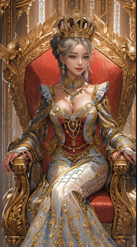 A queen of a wealthy, independent kingdom is seated elegantly on a luxurious chair placed on a high dais, crossing her legs. She looks down with a smile at her subjects, conveying a sense of superiority and grace. The setting is regal, with an opulent back...