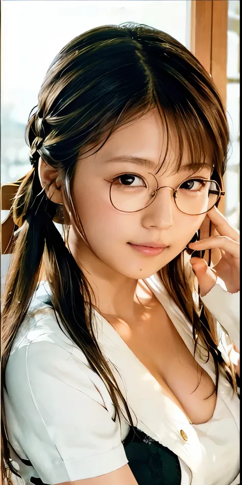 top image quality、136), (breasted:1.46), (l boobs ipst boobs ,round glasses、braided pigtails、funny woman with round glass pigtai...