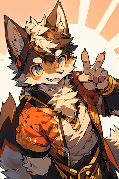 solo, male, wolf, (komono，furry, anthro), dynamic lighting, sunset, glow, depth of field, top-quality，best qualityer，rzminjourney，vectorial art, , niji, round form，Bust， (humanoid wolf:1.2), Smiling warmly，Flashing friendly peace signs，Super detailed illus...