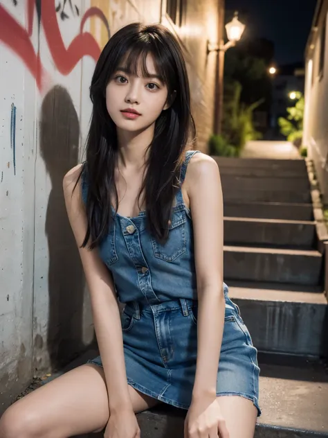 raw photo, 8k, (top-quality), Realistic, (real picture, Intricate details), (natural skin texture, detailed skin, hyper realism, sharpness), (Japanese female college student sitting on the stairs in a dirty back alley at night, graffitied wall:1.3, armpit ...