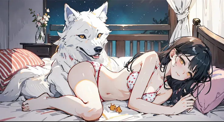 girl in underwear and wolf on bed in love hotel