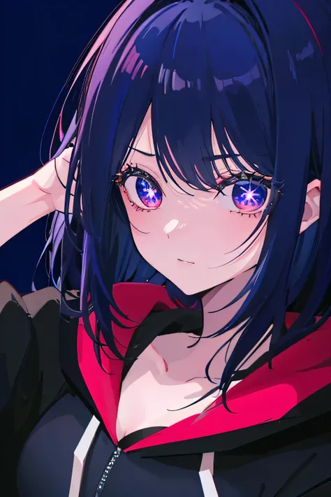 Beautiful girl holding her face, Crazy look on face，She has short black hair，Yandere with black details at the end of her hair,purple and blue colored，Better quality, The main part, A high resolution, 8K, Hoodie and anime style girl, one-girl, detailed lin...