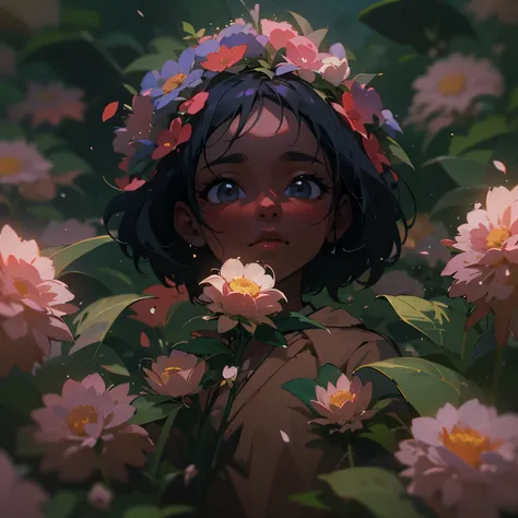 Little cute flower spirit, (dark skin), solo, walking among huge flowers, concept art, fantasy art, matte in the style of alena aenami,by yanjun cheng, hyperrealism, cinema 4d, beautiful, mysterious, elemental, ethereal, elementl, high resolution