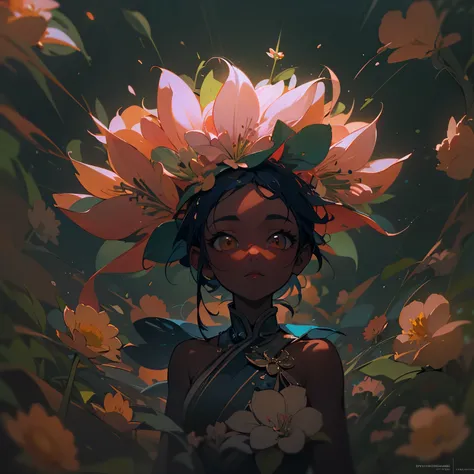 Little cute flower spirit on a flower, (dark skin), solo,  concept art, fantasy art, matte in the style of alena aenami,by yanjun cheng, sunny, hyperrealism, cinema 4d, beautiful, mysterious, elemental, ethereal, elementl, high resolution