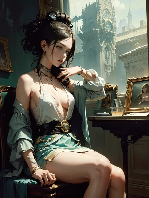 painting of a woman, with influence of Jeremy Mann, Jeremy Mann, style of Jeremy Mann, Jeremy Mann painting, Jeremy Mann art, Ron Hicks, Liepke, Jeremy Mann and alphonse mucha, Works that influenced Edmund Blampid, robert lenkiewicz, Casey Boe and James Je...