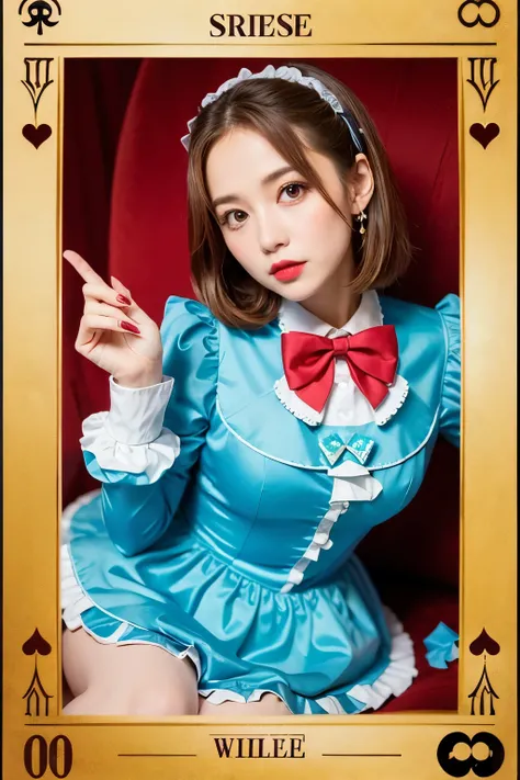 ((Best Quality)), ((masutepiece)),Perfect face,Early 20s,kawaii,The upper part of the body,Alice Costume in Wonderland,OK Sign,Question,PlayingCards