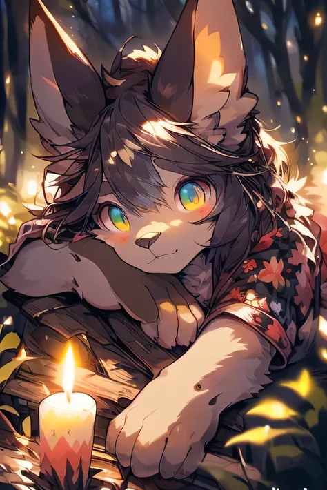 solo, male, (slim), (male wolf):1.3, (laying on back):1.3, (kemono:1.4) detailed eyes, ((body portrait)), , (detailed eyes, green eyes, glowing eyes):1.1, (outdoors:1.35), forest, candle, night, (particles ,firefly, blue glowing):1.3, detailed background, ...