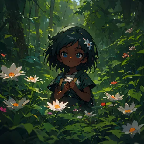 Little cute flower spirit, (dark skin), solo, hidden in the flower on the forest floor, concept art, fantasy art, matte in the style of alena aenami,by yanjun cheng, hyperrealism, cinema 4d, beautiful, mysterious, elemental, ethereal, elementl, high resolu...